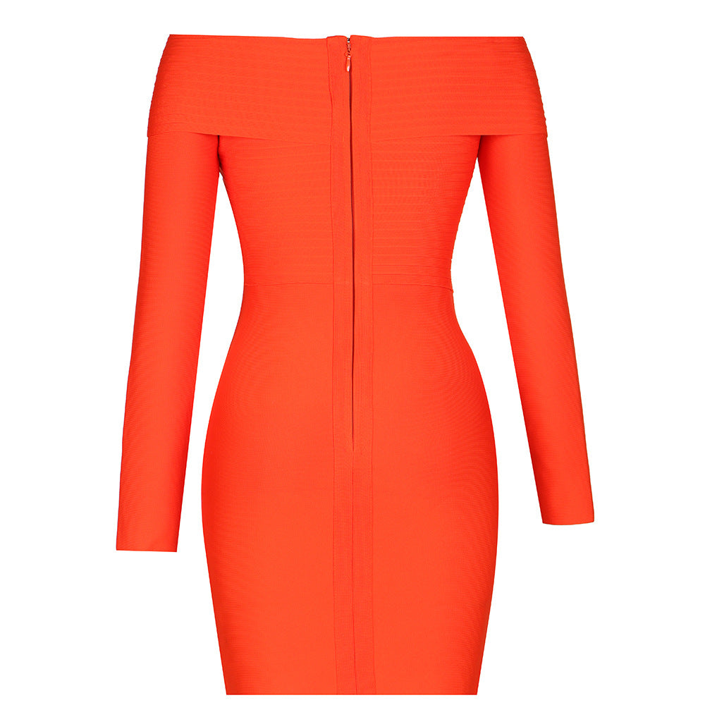 Orange Striped Bodycon Dress Long Sleeve VNeck for Elegant Evening Events Party Nights