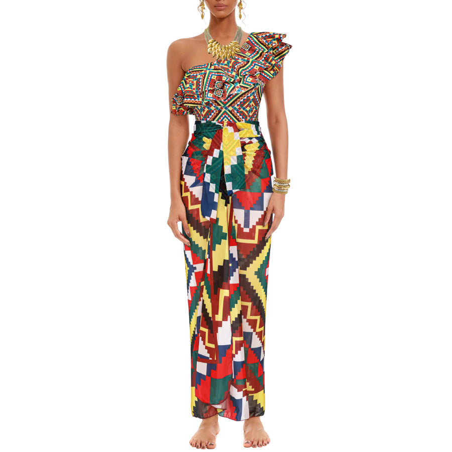 Geometric Print Ruffled Swimsuit Dress Summer Boho Vacation Style Beachwear