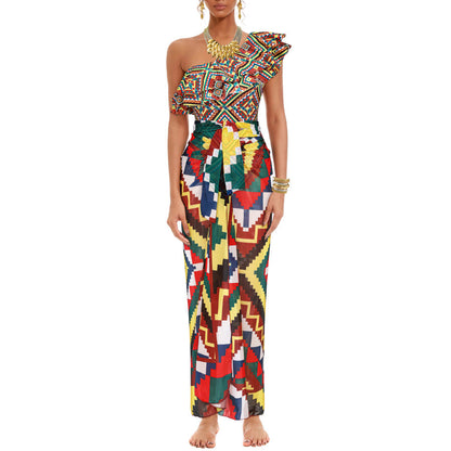 Geometric Print Ruffled Swimsuit Dress Summer Boho Vacation Style Beachwear