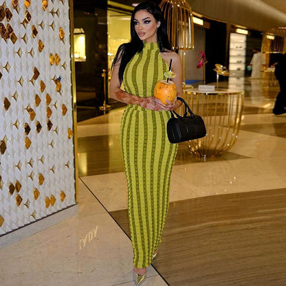 Sultry Striped Maxi Dress Backless Design for Women Summer Fashion Beach Party Outfits