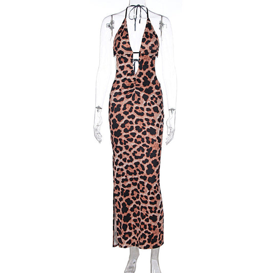 Leopard Print Maxi Dress for Women Sexy Backless Slit Gown Party Ready