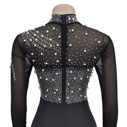 Sexy Rhinestone Mesh Mini Dress with Long Sleeves for Parties Clubbing and Events Trendy Short Dresses