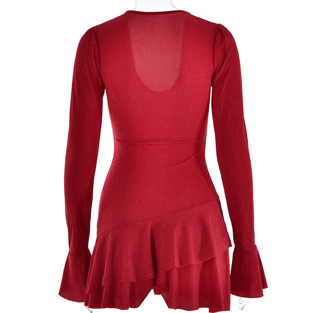 Sultry Bodycon Mini Dress with Flared Sleeves and a Plunging VNeck for Fall Evenings