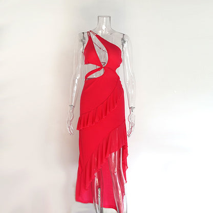 Bold Red Asymmetrical Mini Dress with Ruffles and Cutouts Party Ready for Women