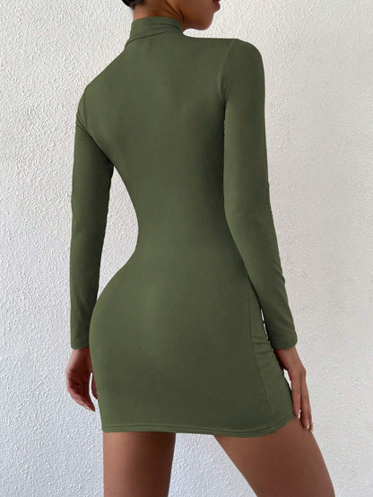 Party Mini Dress for Women Long Sleeve Bodycon Dress with High Waist and Mock Neck
