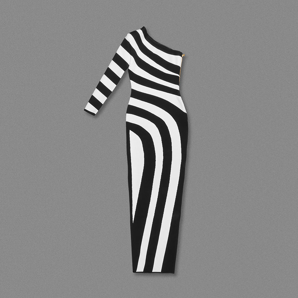 Black and White Striped Maxi Dress with One Shoulder and High Slit for Effortless Chic