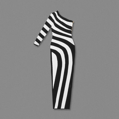 Black and White Striped Maxi Dress with One Shoulder and High Slit for Effortless Chic