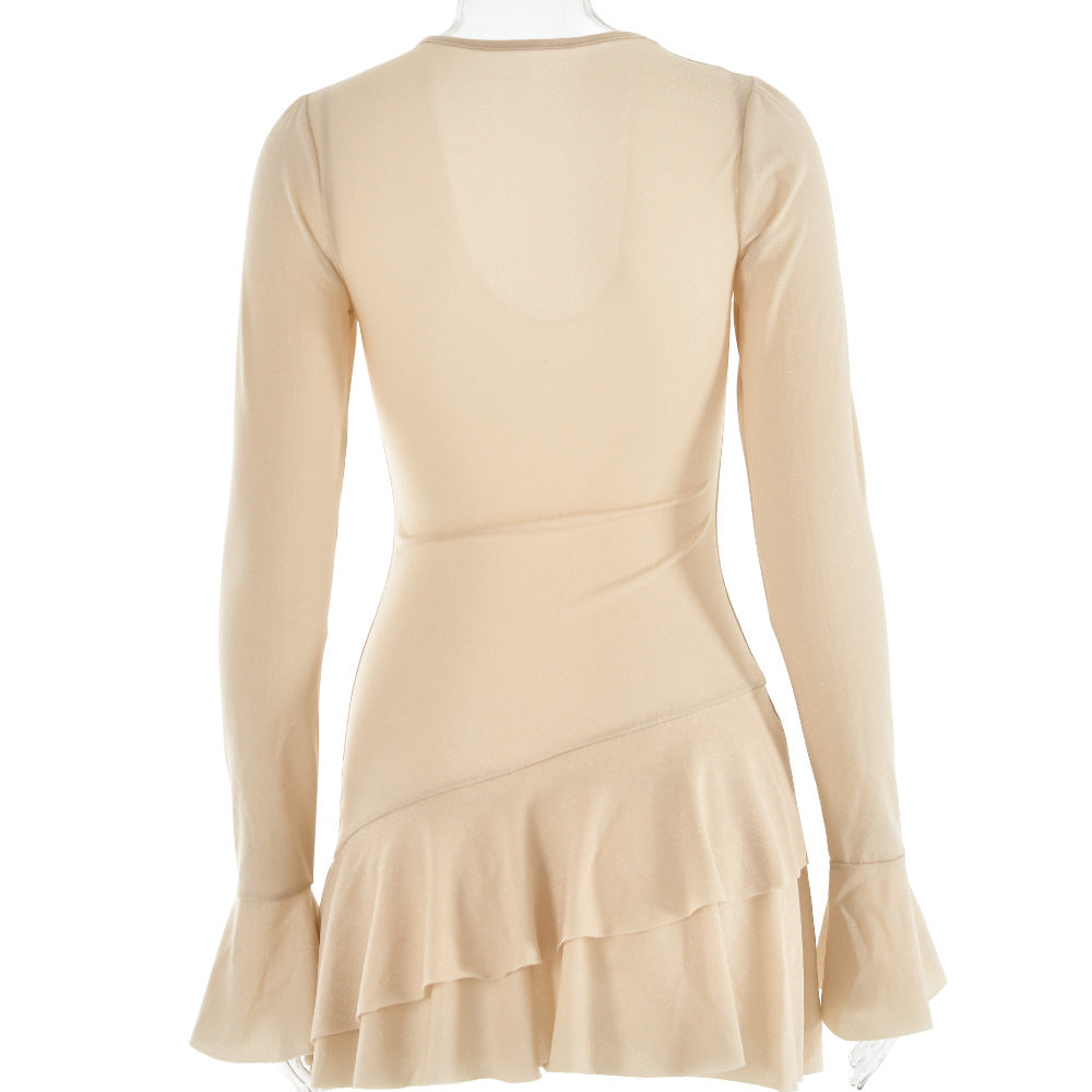 Sultry Bodycon Mini Dress with Flared Sleeves and a Plunging VNeck for Fall Evenings