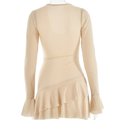 Sultry Bodycon Mini Dress with Flared Sleeves and a Plunging VNeck for Fall Evenings