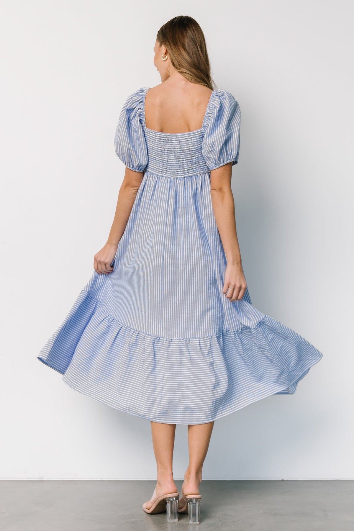 Stripe A Line Dress with Puff Sleeves and V Neck for Effortless Summer Style
