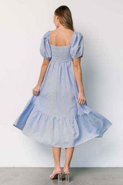 Stripe A Line Dress with Puff Sleeves and V Neck for Effortless Summer Style