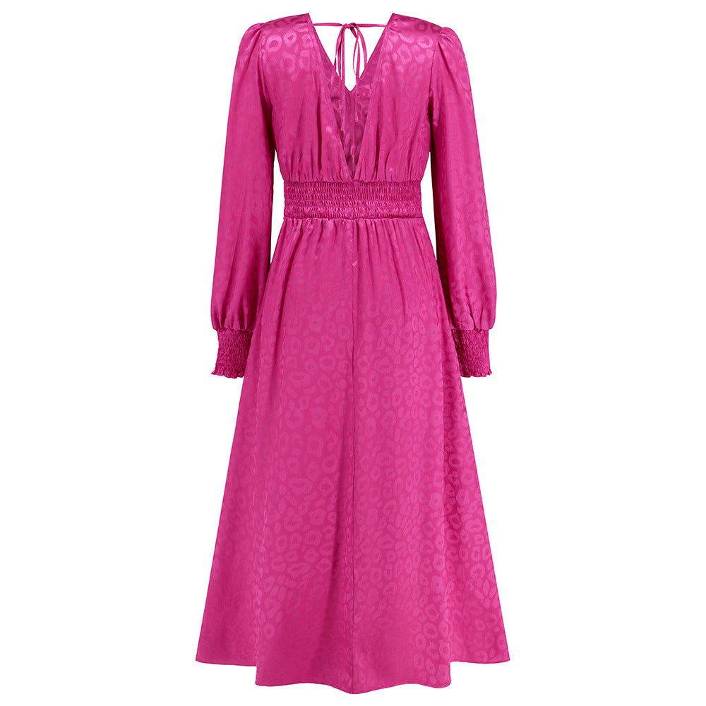 Autumn Leopard Print Maxi Dress VNeck Long Sleeve Ruffled Elegant ALine Dress for Women