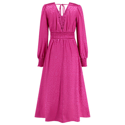 Autumn Leopard Print Maxi Dress VNeck Long Sleeve Ruffled Elegant ALine Dress for Women