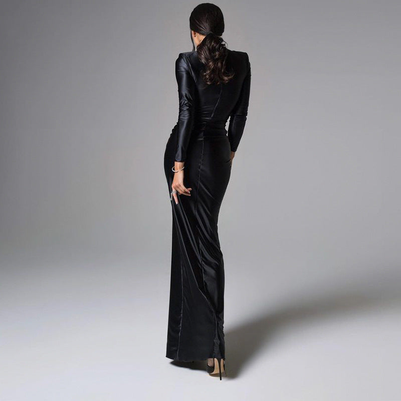 Elegant Satin Maxi Dress for Women Slim Fit with Long Sleeves and Tied Waist Spring Fashion