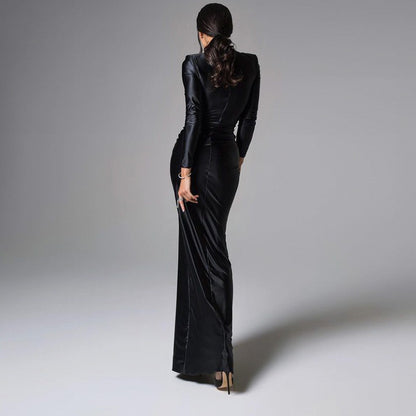 Elegant Satin Maxi Dress for Women Slim Fit with Long Sleeves and Tied Waist Spring Fashion