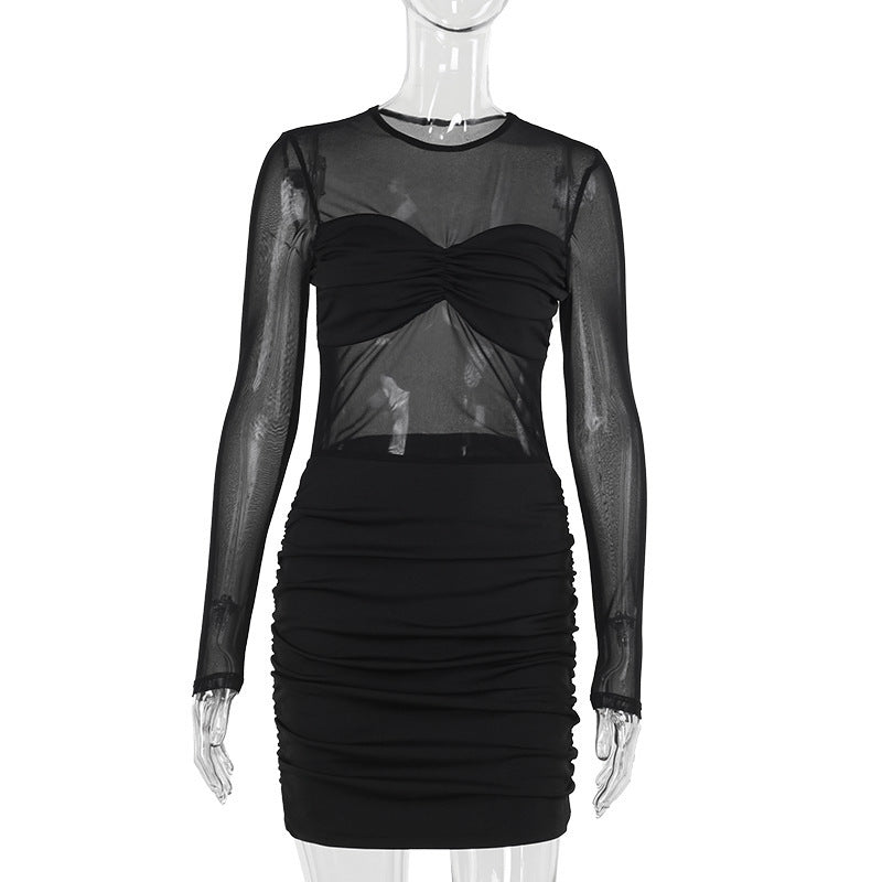 Mesh Panel Mini Dress with Long Sleeves for Women Bodycon Party Dresses