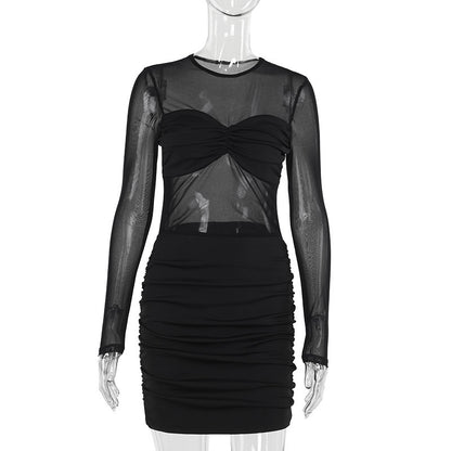 Mesh Panel Mini Dress with Long Sleeves for Women Bodycon Party Dresses