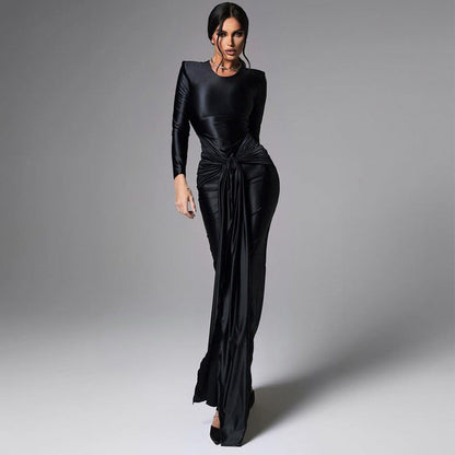 Elegant Satin Maxi Dress for Women Slim Fit with Long Sleeves and Tied Waist Spring Fashion