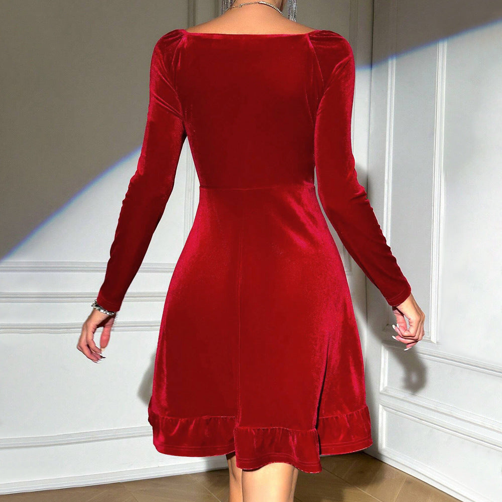 Crimson Velvet Mini Dress with Ruffled Detailing Perfect for Autumn Evenings Chic A Line Dress