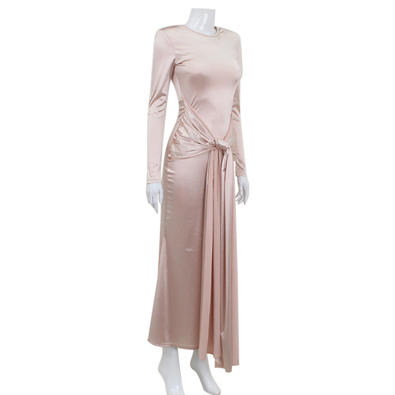 Elegant Satin Maxi Dress for Women Slim Fit with Long Sleeves and Tied Waist Spring Fashion