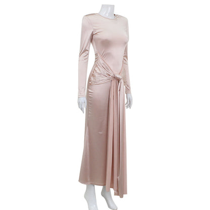 Elegant Satin Maxi Dress for Women Slim Fit with Long Sleeves and Tied Waist Spring Fashion
