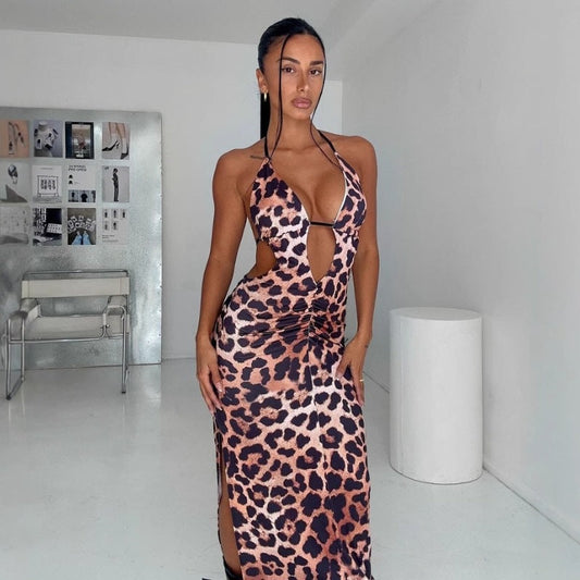 Leopard Print Maxi Dress for Women Sexy Backless Slit Gown Party Ready