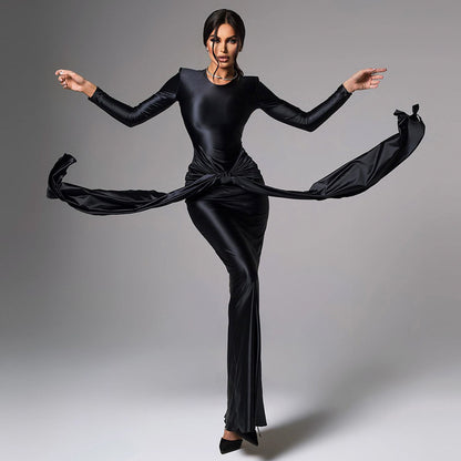 Elegant Satin Maxi Dress for Women Slim Fit with Long Sleeves and Tied Waist Spring Fashion