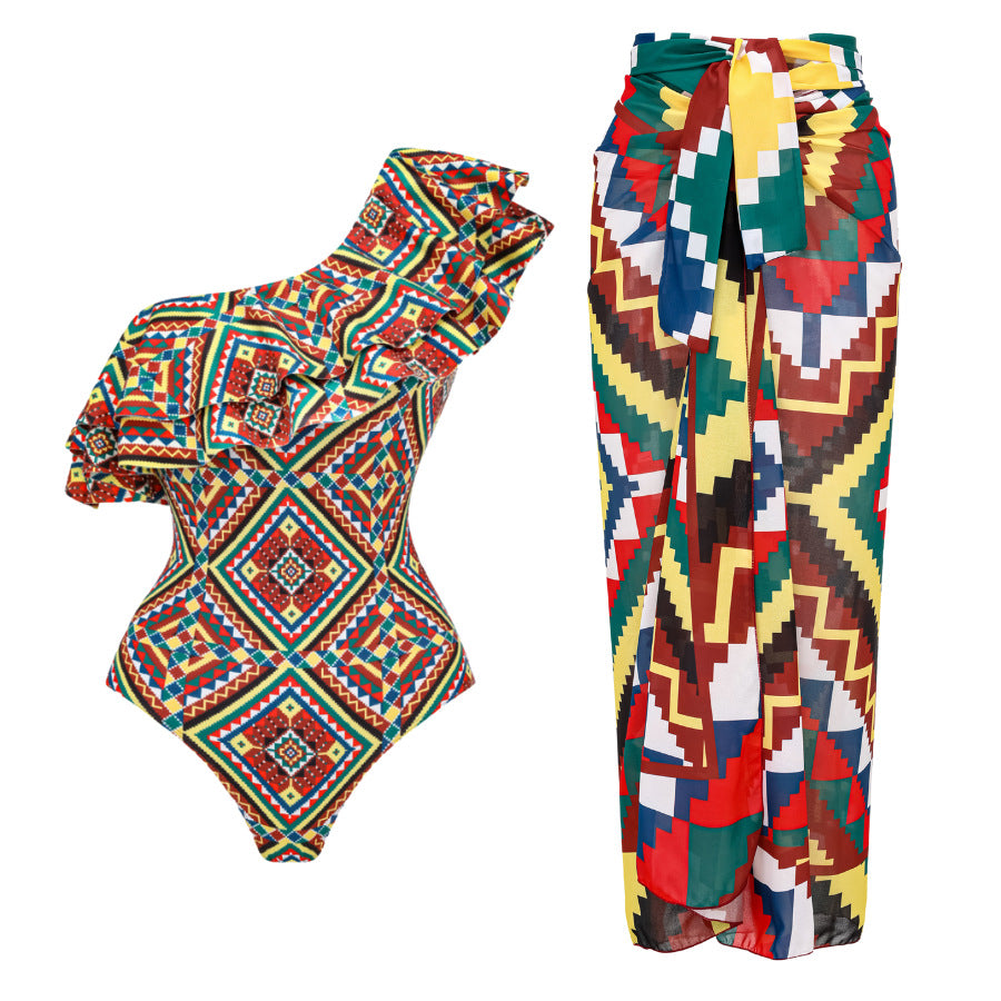 Geometric Print Ruffled Swimsuit Dress Summer Boho Vacation Style Beachwear