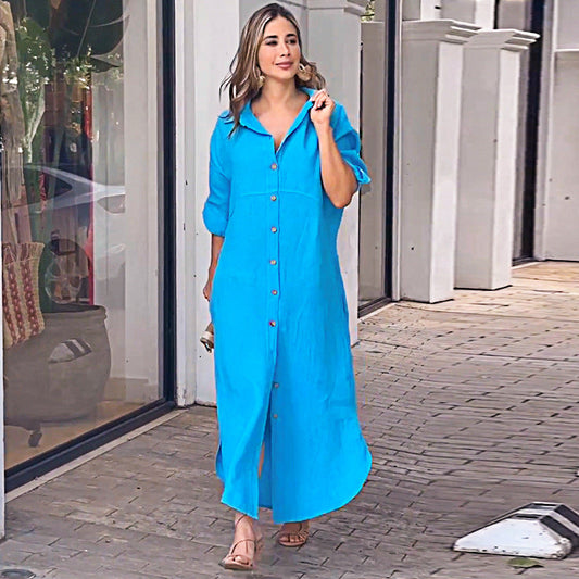 Long Sleeve Maxi Shirt Dress for Women Casual ALine Dresses with Button Detail