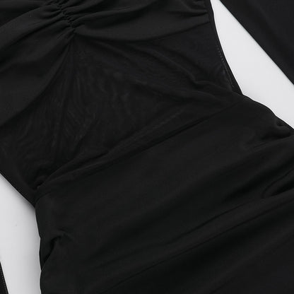 Mesh Panel Mini Dress with Long Sleeves for Women Bodycon Party Dresses