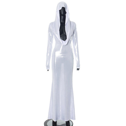 White Hooded Maxi Dress for Party Nights Elegant Slim Fit Long Sleeve Dress for Women