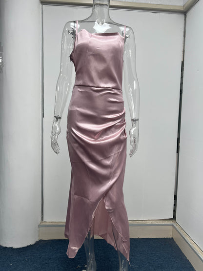 Slinky Satin Maxi Dress with Cowl Neckline and Backless Design for Elegant Evenings