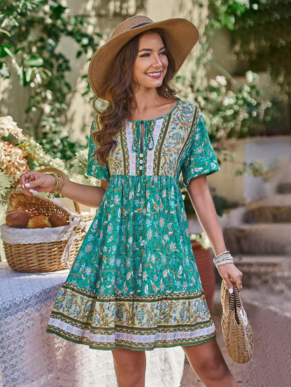 Bohemian Floral A Line Mini Dress for Summer Vacations Womens Fashion