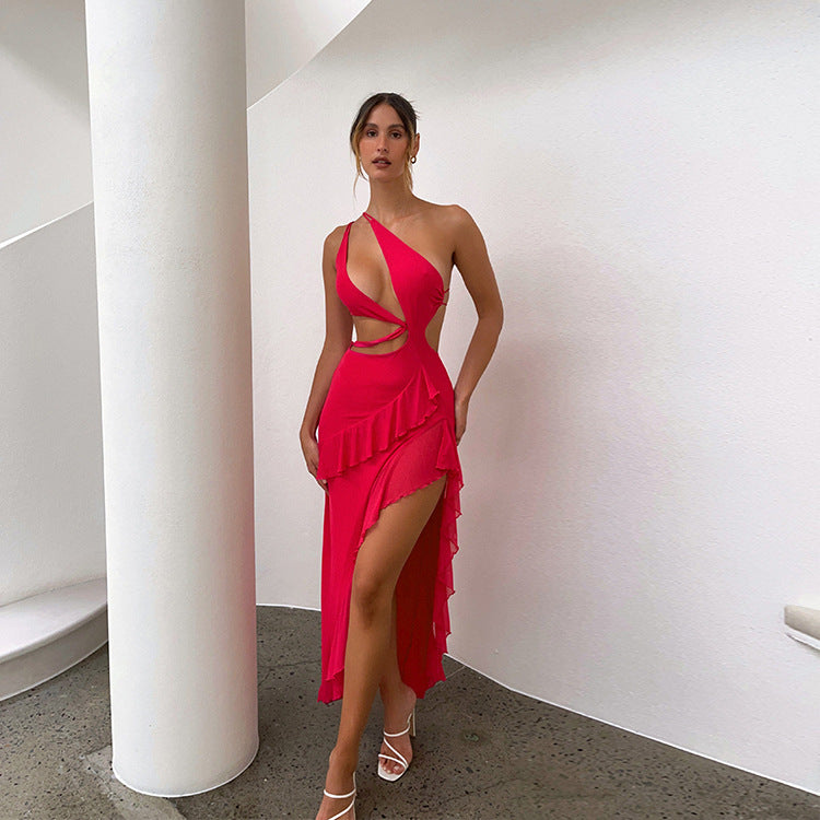 Bold Red Asymmetrical Mini Dress with Ruffles and Cutouts Party Ready for Women