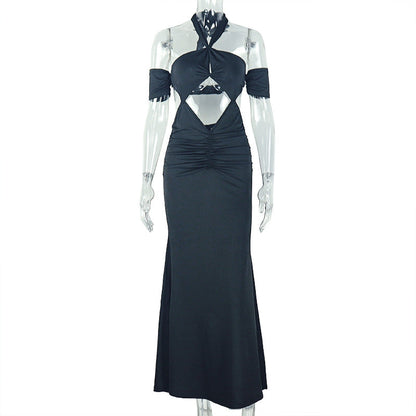 Sultry Halter Maxi Dress for Parties Backless Cutout Design Bodycon Evening Gown