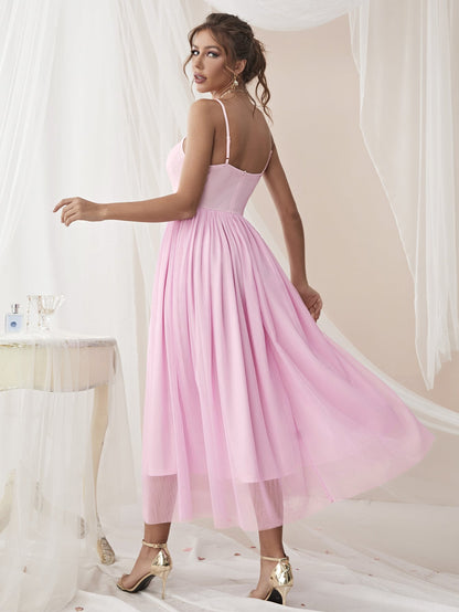 Sultry Sleeveless Midi Dress Mesh Stitching ALine Silhouette for a Night Out Party Fashion