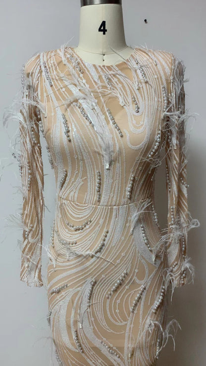 Elegant Feathered Evening Gown Long Sleeves Fishtail Dress for Formal Events