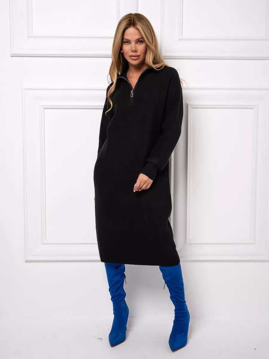Cozy Chic Knitted Dress Womens Autumn Winter Long Sleeve Midi Dress Simple Versatile Style