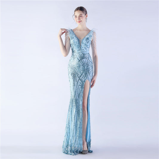 Maxi Dress with Ostrich Feathers and Sequins for Evening Events