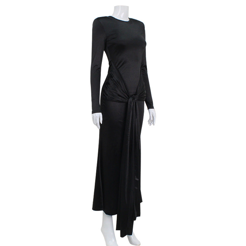 Elegant Satin Maxi Dress for Women Slim Fit with Long Sleeves and Tied Waist Spring Fashion