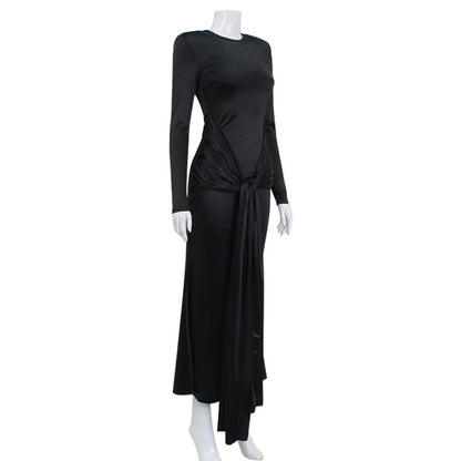 Elegant Satin Maxi Dress for Women Slim Fit with Long Sleeves and Tied Waist Spring Fashion