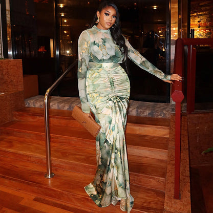 Printed Two Piece Set Long Sleeve Maxi Skirt Outfit Office Fashion for Women