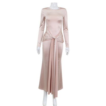 Elegant Satin Maxi Dress for Women Slim Fit with Long Sleeves and Tied Waist Spring Fashion