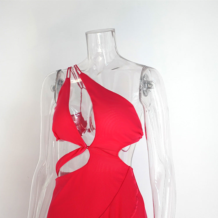Bold Red Asymmetrical Mini Dress with Ruffles and Cutouts Party Ready for Women