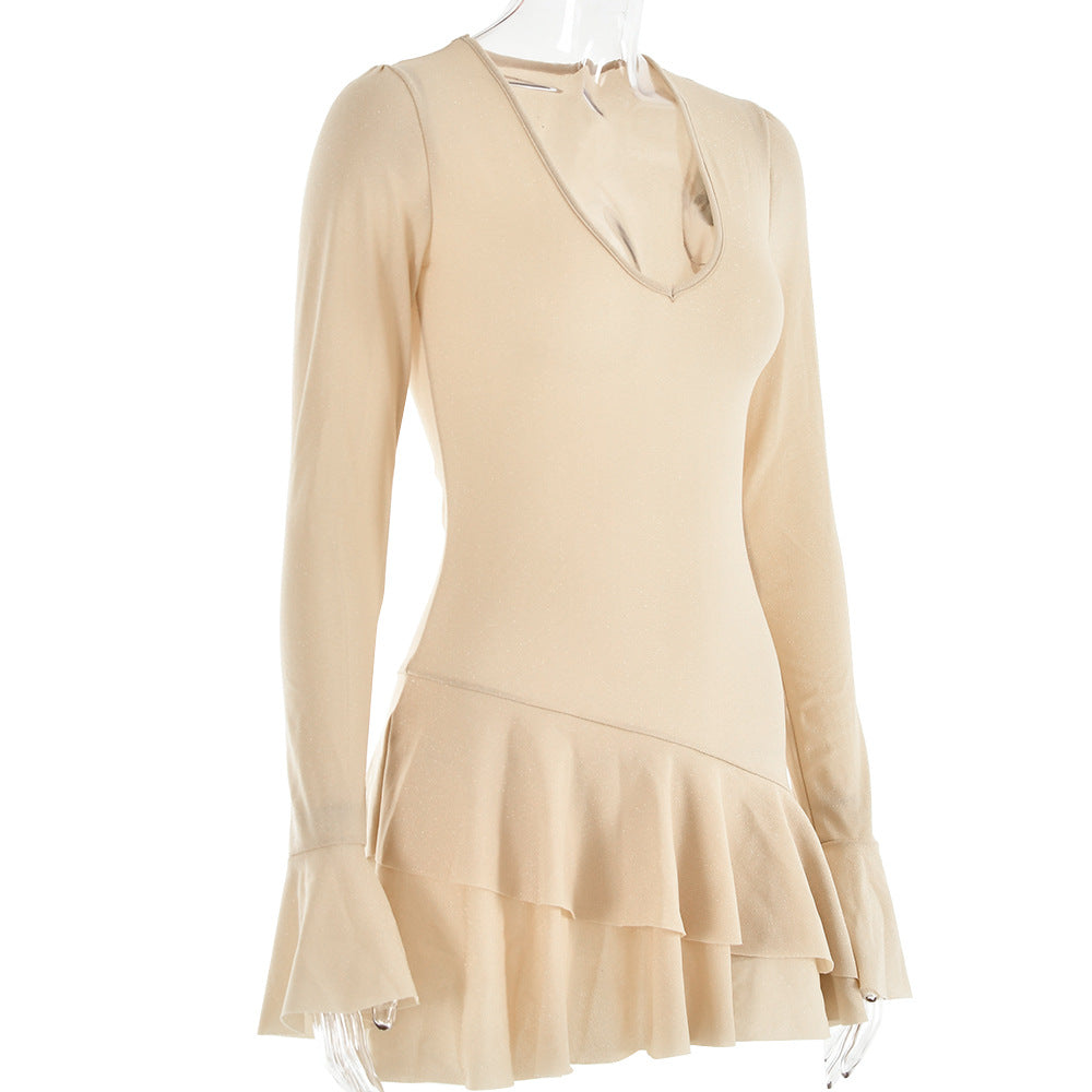 Sultry Bodycon Mini Dress with Flared Sleeves and a Plunging VNeck for Fall Evenings