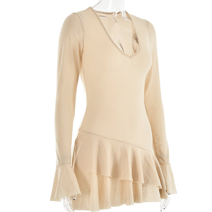 Sultry Bodycon Mini Dress with Flared Sleeves and a Plunging VNeck for Fall Evenings