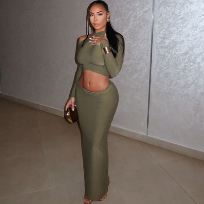 Asymmetrical TwoPiece Set for Women Crop Top and Maxi Skirt Sets Party Outfit