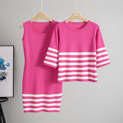 Summer Striped Mini Dress with Crew Neck and Half Sleeves Viscose Bodycon Dress