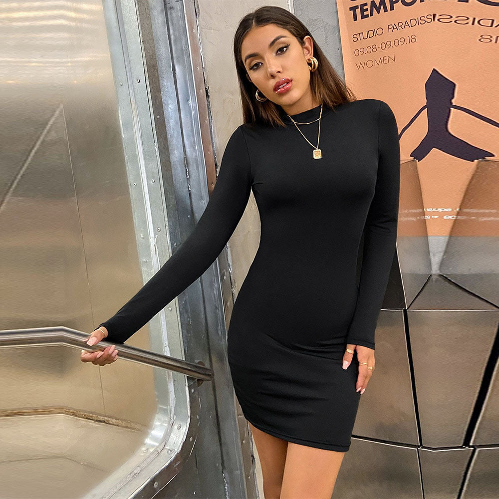 Party Mini Dress for Women Long Sleeve Bodycon Dress with High Waist and Mock Neck