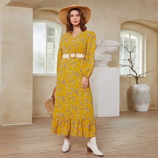 Floral Maxi Dress with Belt and Ruffles for Spring and Fall Boho Vacation Style